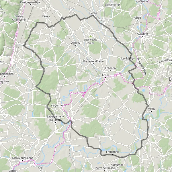 Map miniature of "Chaussin to Genlis Loop" cycling inspiration in Franche-Comté, France. Generated by Tarmacs.app cycling route planner