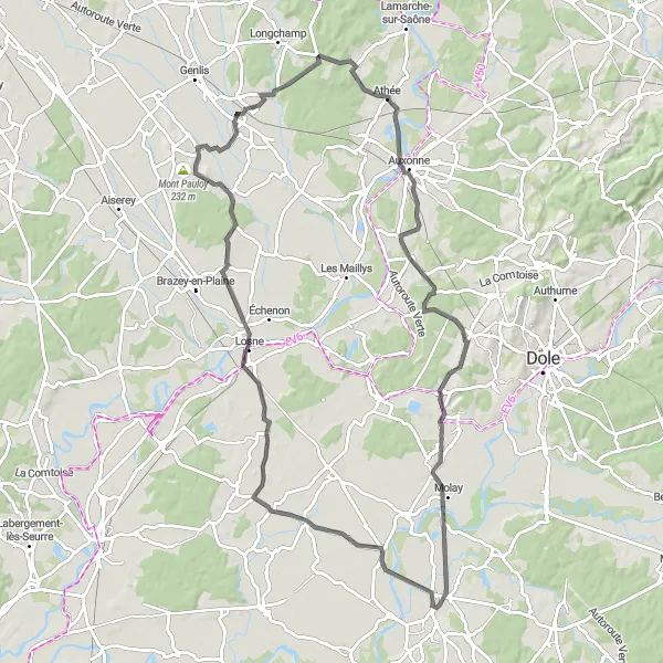 Map miniature of "Saint-Loup Adventure" cycling inspiration in Franche-Comté, France. Generated by Tarmacs.app cycling route planner