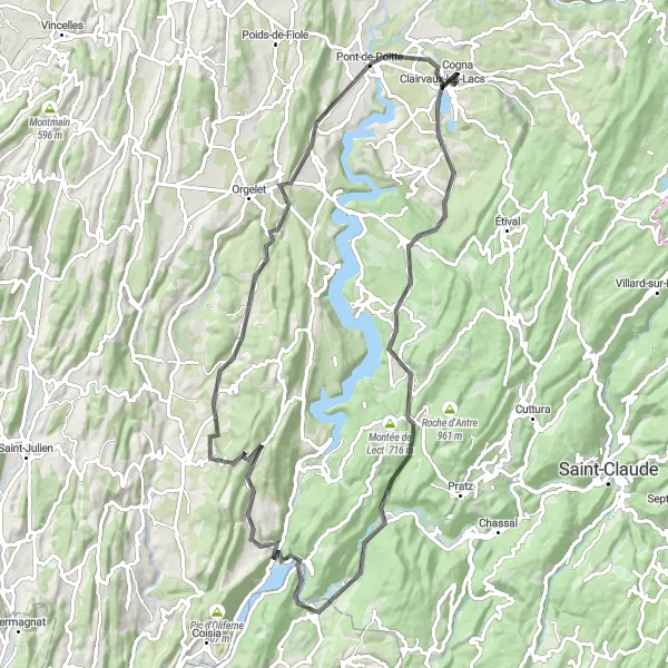 Miniature de la carte de l'inspiration cycliste "Tour de Légna" dans la Franche-Comté, France. Générée par le planificateur d'itinéraire cycliste Tarmacs.app