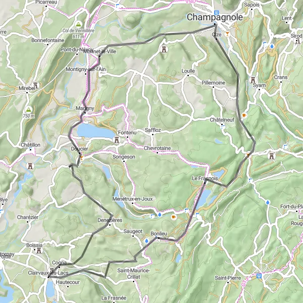 Map miniature of "The Natural Beauty Route" cycling inspiration in Franche-Comté, France. Generated by Tarmacs.app cycling route planner