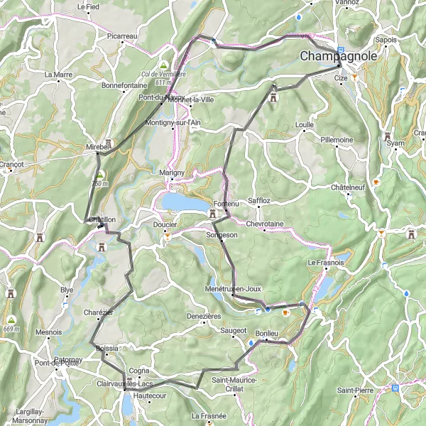 Miniature de la carte de l'inspiration cycliste "Belvédère Vallée de l'Ain et Cogna" dans la Franche-Comté, France. Générée par le planificateur d'itinéraire cycliste Tarmacs.app