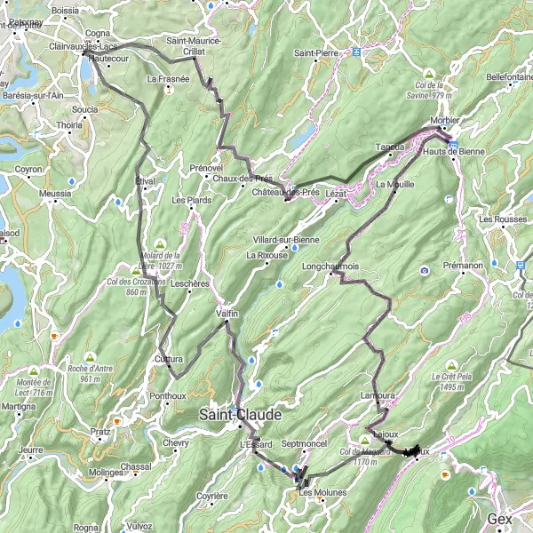 Miniature de la carte de l'inspiration cycliste "Col de Magnard et Belvédère Grand Lac de Clairvaux-les-Lacs" dans la Franche-Comté, France. Générée par le planificateur d'itinéraire cycliste Tarmacs.app