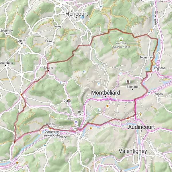 Miniature de la carte de l'inspiration cycliste "Les chemins de gravier d'Issans" dans la Franche-Comté, France. Générée par le planificateur d'itinéraire cycliste Tarmacs.app