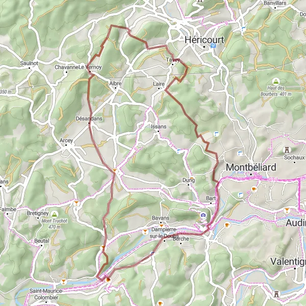 Miniature de la carte de l'inspiration cycliste "Aventure en Bourgogne-Franche-Comté" dans la Franche-Comté, France. Générée par le planificateur d'itinéraire cycliste Tarmacs.app