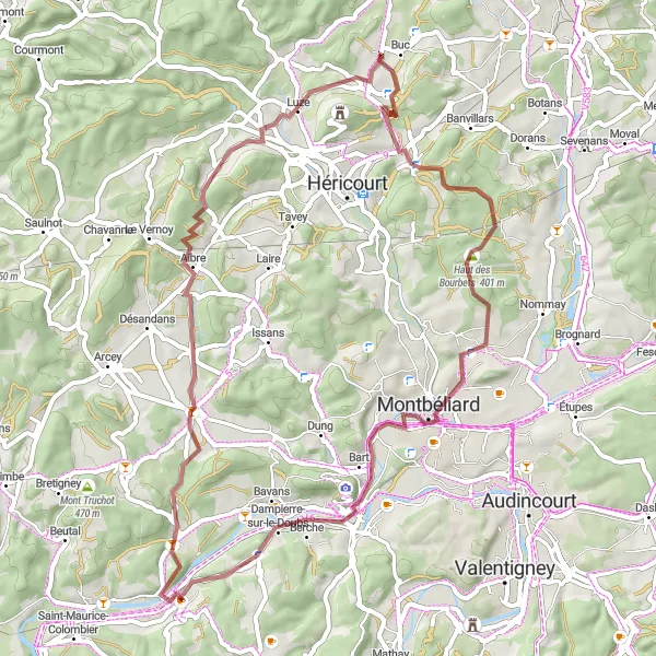 Miniature de la carte de l'inspiration cycliste "Le tour de gravel d'Échenans" dans la Franche-Comté, France. Générée par le planificateur d'itinéraire cycliste Tarmacs.app