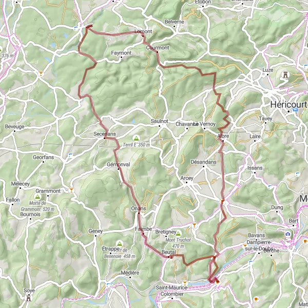 Miniature de la carte de l'inspiration cycliste "Les Terres de Franche-Comté" dans la Franche-Comté, France. Générée par le planificateur d'itinéraire cycliste Tarmacs.app