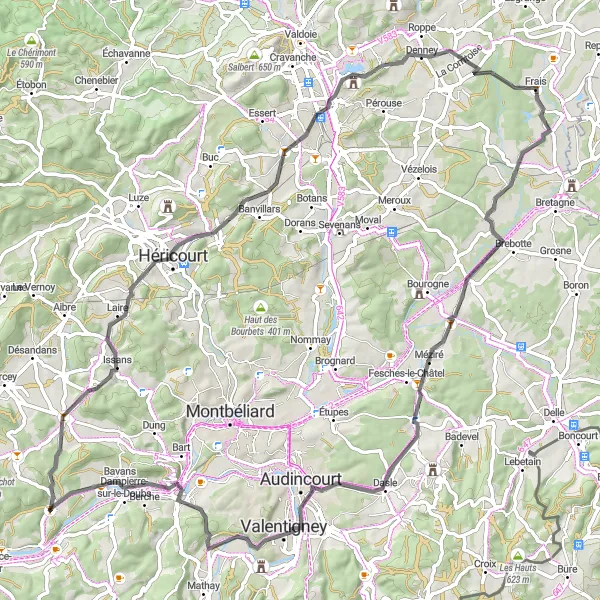 Miniature de la carte de l'inspiration cycliste "La Route des Villes en Franche-Comté" dans la Franche-Comté, France. Générée par le planificateur d'itinéraire cycliste Tarmacs.app