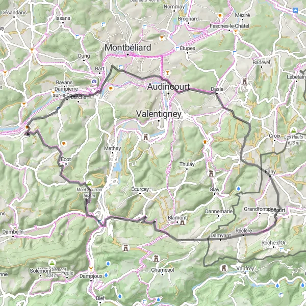 Miniature de la carte de l'inspiration cycliste "Sur les Routes de Franche-Comté" dans la Franche-Comté, France. Générée par le planificateur d'itinéraire cycliste Tarmacs.app