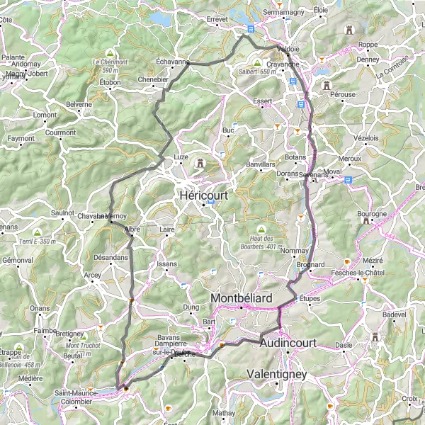 Miniature de la carte de l'inspiration cycliste "Le tour routier de Champey" dans la Franche-Comté, France. Générée par le planificateur d'itinéraire cycliste Tarmacs.app