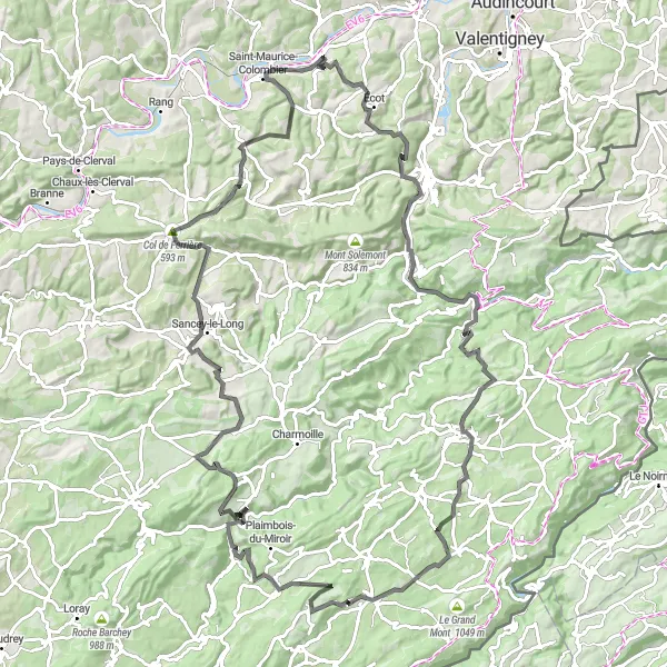 Miniature de la carte de l'inspiration cycliste "La Grande Boucle de Colombier-Fontaine" dans la Franche-Comté, France. Générée par le planificateur d'itinéraire cycliste Tarmacs.app