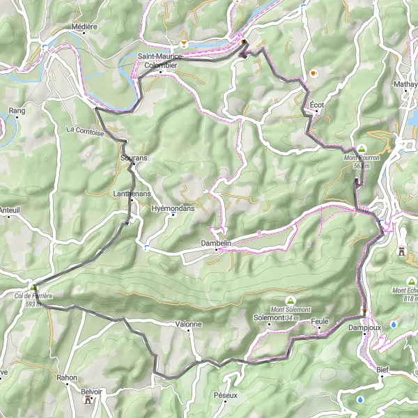 Miniature de la carte de l'inspiration cycliste "Les Collines de Franche-Comté" dans la Franche-Comté, France. Générée par le planificateur d'itinéraire cycliste Tarmacs.app