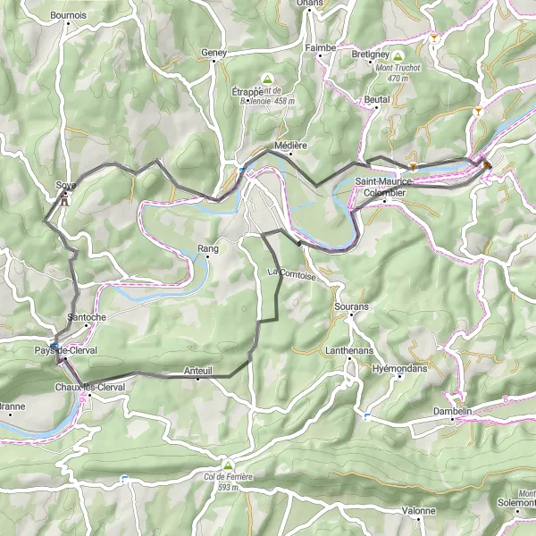 Miniature de la carte de l'inspiration cycliste "Le circuit de Blussans et Longevelle" dans la Franche-Comté, France. Générée par le planificateur d'itinéraire cycliste Tarmacs.app