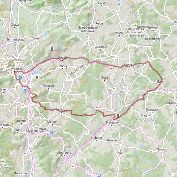 Map miniature of "Gravel Route through Roppe and Belfort Gap" cycling inspiration in Franche-Comté, France. Generated by Tarmacs.app cycling route planner