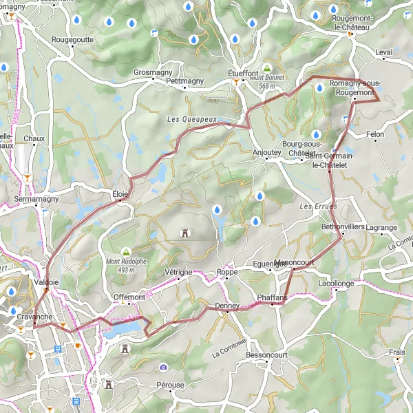 Map miniature of "Gravel Route through Éloie and Panorama sur Belfort Nord" cycling inspiration in Franche-Comté, France. Generated by Tarmacs.app cycling route planner
