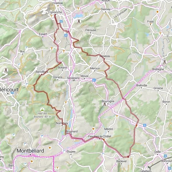 Miniature de la carte de l'inspiration cycliste "Les Chemins de la Montagne" dans la Franche-Comté, France. Générée par le planificateur d'itinéraire cycliste Tarmacs.app