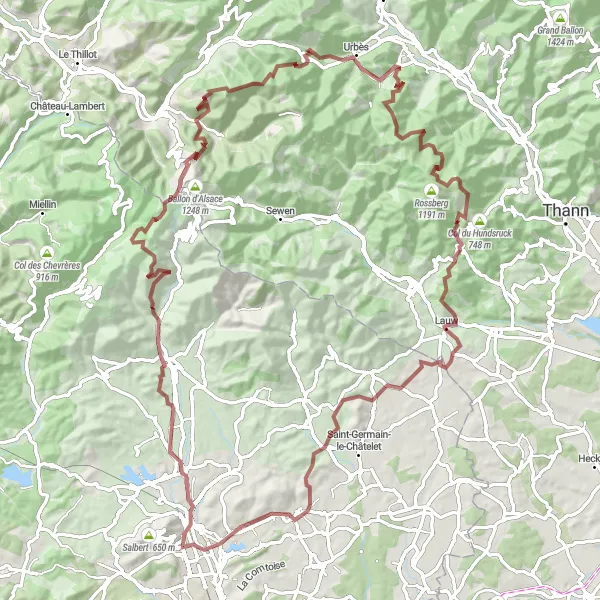 Miniature de la carte de l'inspiration cycliste "Les Hautes Vosges du Sud" dans la Franche-Comté, France. Générée par le planificateur d'itinéraire cycliste Tarmacs.app
