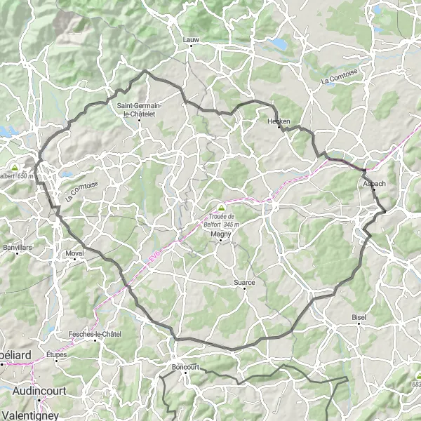 Miniature de la carte de l'inspiration cycliste "La Route des Sommets" dans la Franche-Comté, France. Générée par le planificateur d'itinéraire cycliste Tarmacs.app