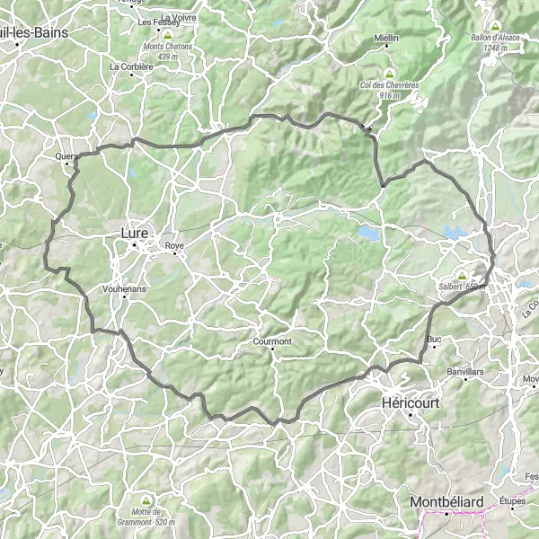 Miniature de la carte de l'inspiration cycliste "Les Charmes de l'Est" dans la Franche-Comté, France. Générée par le planificateur d'itinéraire cycliste Tarmacs.app