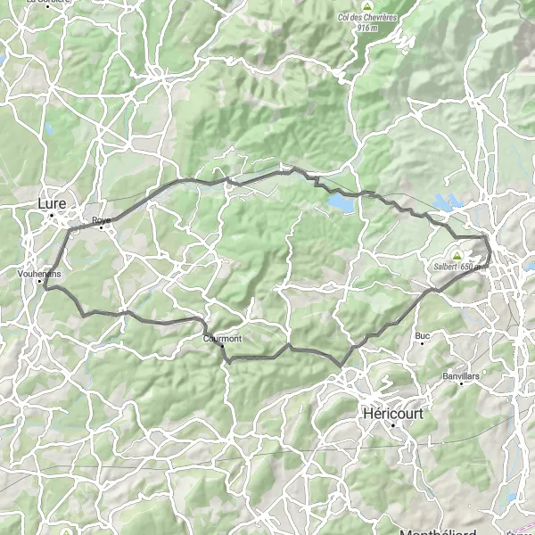 Map miniature of "Road Route through Haut du Mont and Ronchamp" cycling inspiration in Franche-Comté, France. Generated by Tarmacs.app cycling route planner