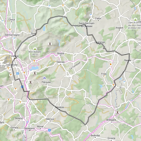 Miniature de la carte de l'inspiration cycliste "Parcours à vélo à travers la campagne" dans la Franche-Comté, France. Générée par le planificateur d'itinéraire cycliste Tarmacs.app
