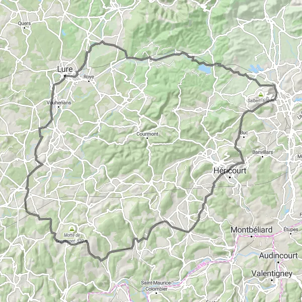Map miniature of "Road Route through Haut du Mont and Villersexel" cycling inspiration in Franche-Comté, France. Generated by Tarmacs.app cycling route planner