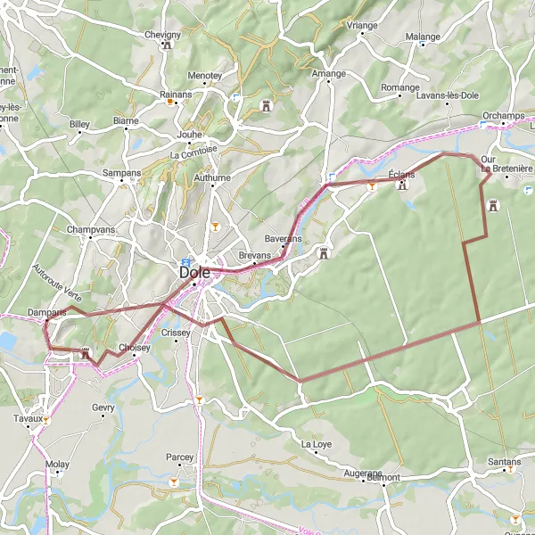 Map miniature of "Damparis - Dole - Rochefort-sur-Nenon" cycling inspiration in Franche-Comté, France. Generated by Tarmacs.app cycling route planner