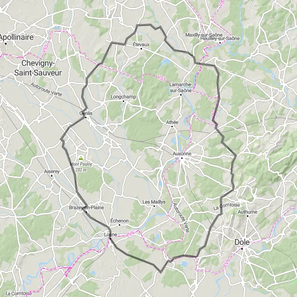 Map miniature of "Damparis - Losne - Varanges - Cessey-sur-Tille - Drambon - Perrigny-sur-l'Ognon - Biarne" cycling inspiration in Franche-Comté, France. Generated by Tarmacs.app cycling route planner