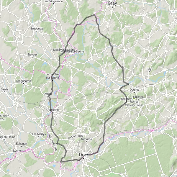 Miniature de la carte de l'inspiration cycliste "Tour Labergement-lès-Auxonne-Foucherans" dans la Franche-Comté, France. Générée par le planificateur d'itinéraire cycliste Tarmacs.app