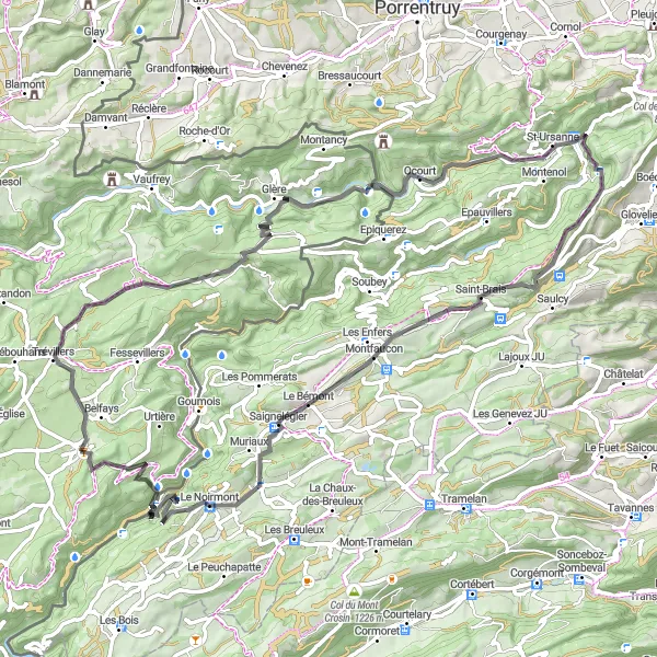 Miniature de la carte de l'inspiration cycliste "La Boucle des Vallées" dans la Franche-Comté, France. Générée par le planificateur d'itinéraire cycliste Tarmacs.app