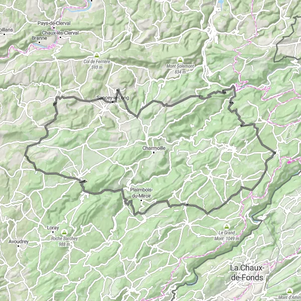 Miniature de la carte de l'inspiration cycliste "Les Trésors Cachés du Haut-Doubs" dans la Franche-Comté, France. Générée par le planificateur d'itinéraire cycliste Tarmacs.app