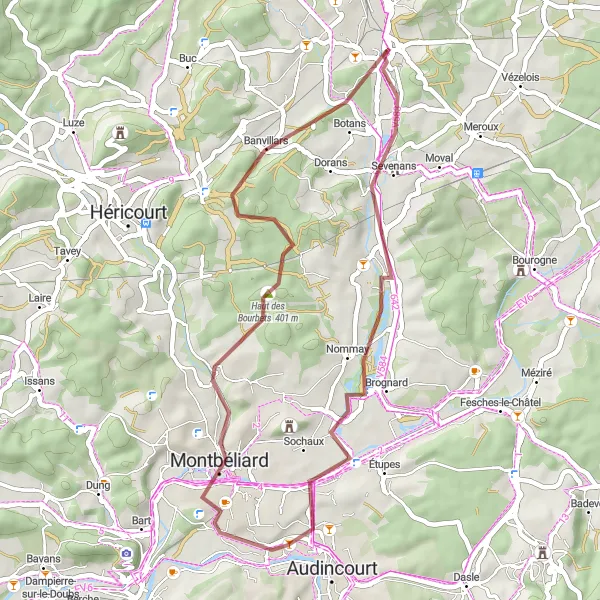 Miniature de la carte de l'inspiration cycliste "Sentiers de Sochaux" dans la Franche-Comté, France. Générée par le planificateur d'itinéraire cycliste Tarmacs.app