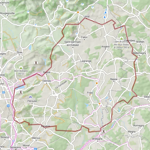 Miniature de la carte de l'inspiration cycliste "Parcours des Montagnes Mystérieuses" dans la Franche-Comté, France. Générée par le planificateur d'itinéraire cycliste Tarmacs.app