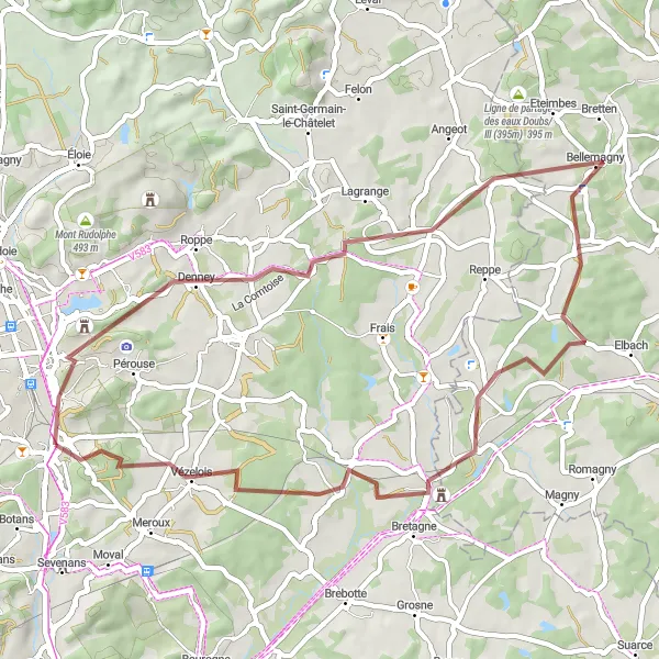 Miniature de la carte de l'inspiration cycliste "Les Chemins de Denney" dans la Franche-Comté, France. Générée par le planificateur d'itinéraire cycliste Tarmacs.app