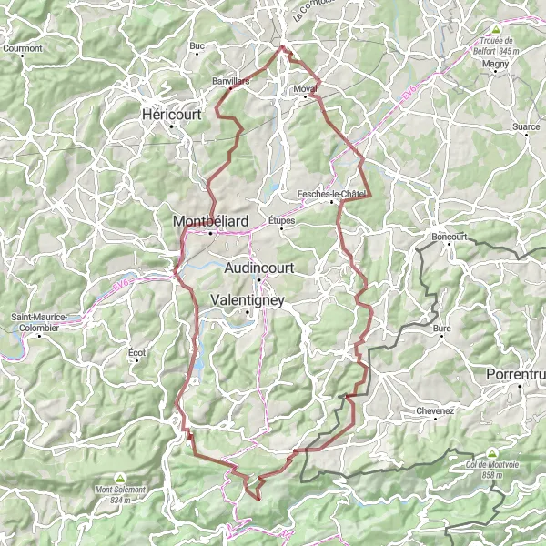 Map miniature of "Andelnans to Montbéliard Gravel Epic" cycling inspiration in Franche-Comté, France. Generated by Tarmacs.app cycling route planner