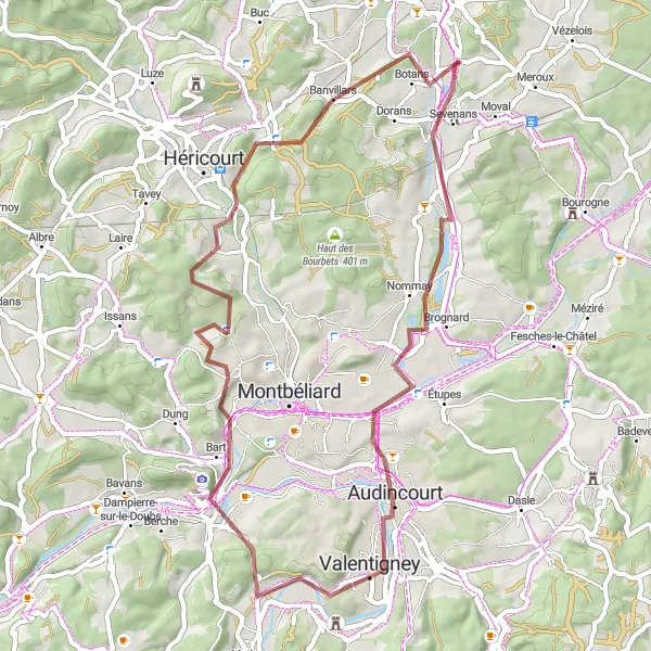 Map miniature of "Sochaux Gravel Route" cycling inspiration in Franche-Comté, France. Generated by Tarmacs.app cycling route planner