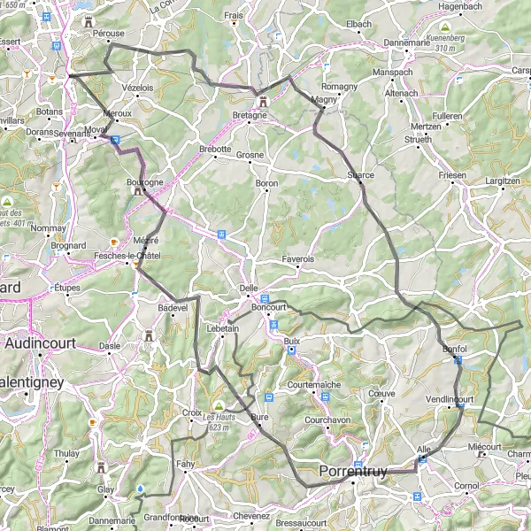 Map miniature of "Montreux-Jeune Road Adventure" cycling inspiration in Franche-Comté, France. Generated by Tarmacs.app cycling route planner