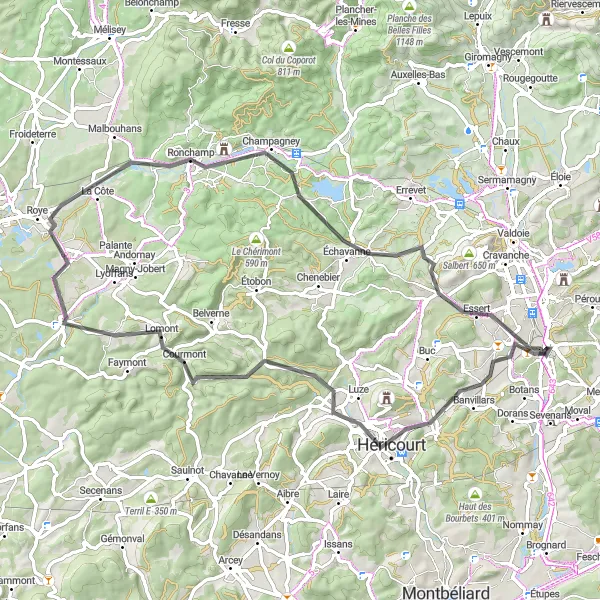 Miniature de la carte de l'inspiration cycliste "Boucle de Bourlémont" dans la Franche-Comté, France. Générée par le planificateur d'itinéraire cycliste Tarmacs.app