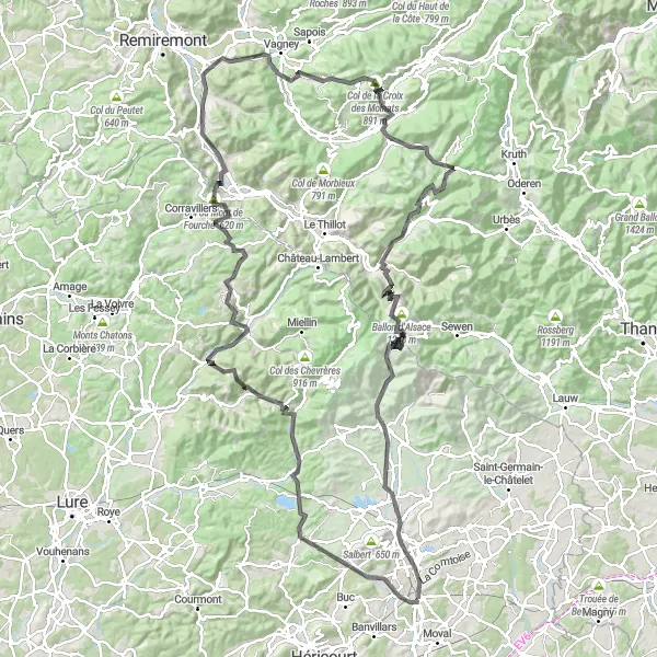 Miniature de la carte de l'inspiration cycliste "Grande Boucle des Vosges" dans la Franche-Comté, France. Générée par le planificateur d'itinéraire cycliste Tarmacs.app