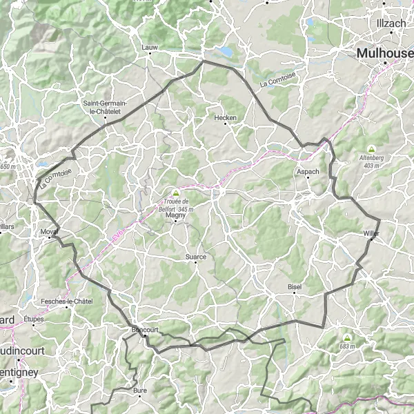 Miniature de la carte de l'inspiration cycliste "Tour de la Guewenheim" dans la Franche-Comté, France. Générée par le planificateur d'itinéraire cycliste Tarmacs.app