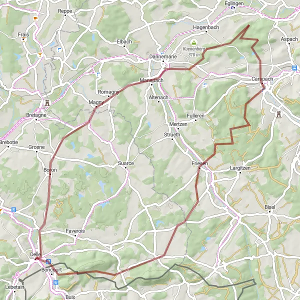 Miniature de la carte de l'inspiration cycliste "Circuit Gravel de Mont Renaud" dans la Franche-Comté, France. Générée par le planificateur d'itinéraire cycliste Tarmacs.app