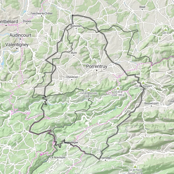 Miniature de la carte de l'inspiration cycliste "Itinéraire Route du Col des Rangiers" dans la Franche-Comté, France. Générée par le planificateur d'itinéraire cycliste Tarmacs.app