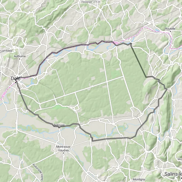 Miniature de la carte de l'inspiration cycliste "L'Épopée Jurassienne en Road Bike" dans la Franche-Comté, France. Générée par le planificateur d'itinéraire cycliste Tarmacs.app