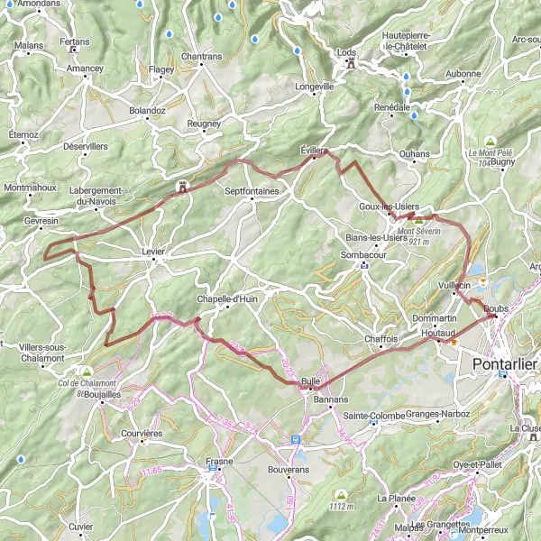 Map miniature of "The Gravel Adventure in Doubs" cycling inspiration in Franche-Comté, France. Generated by Tarmacs.app cycling route planner