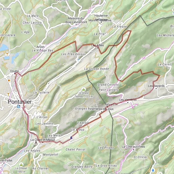 Miniature de la carte de l'inspiration cycliste "Les Montagnes du Haut-Doubs" dans la Franche-Comté, France. Générée par le planificateur d'itinéraire cycliste Tarmacs.app