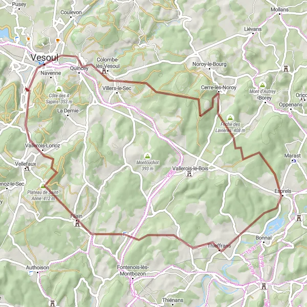 Map miniature of "Discover Franche-Comté on Gravel" cycling inspiration in Franche-Comté, France. Generated by Tarmacs.app cycling route planner