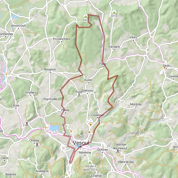 Map miniature of "Échenoz-la-Méline and Vesoul Gravel Loop" cycling inspiration in Franche-Comté, France. Generated by Tarmacs.app cycling route planner