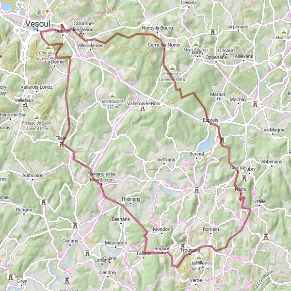 Map miniature of "Noroy-le-Bourg Gravel Adventure" cycling inspiration in Franche-Comté, France. Generated by Tarmacs.app cycling route planner