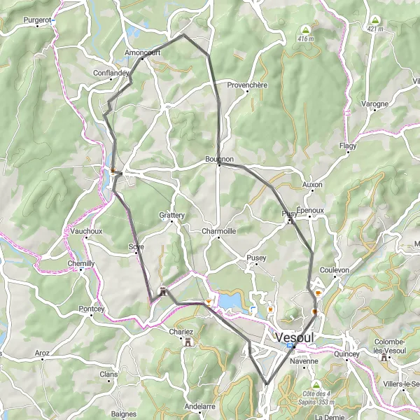 Map miniature of "Charming Road Cycling Route" cycling inspiration in Franche-Comté, France. Generated by Tarmacs.app cycling route planner