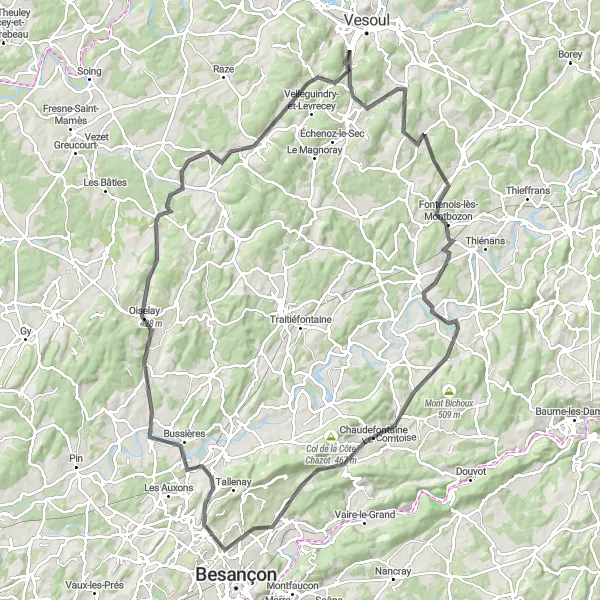 Map miniature of "Scenic Road Tour: Échenoz-la-Méline to Fontenois-lès-Montbozon" cycling inspiration in Franche-Comté, France. Generated by Tarmacs.app cycling route planner