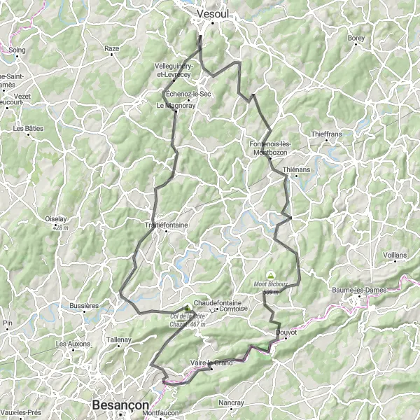 Map miniature of "Road Route with Scenic Views" cycling inspiration in Franche-Comté, France. Generated by Tarmacs.app cycling route planner